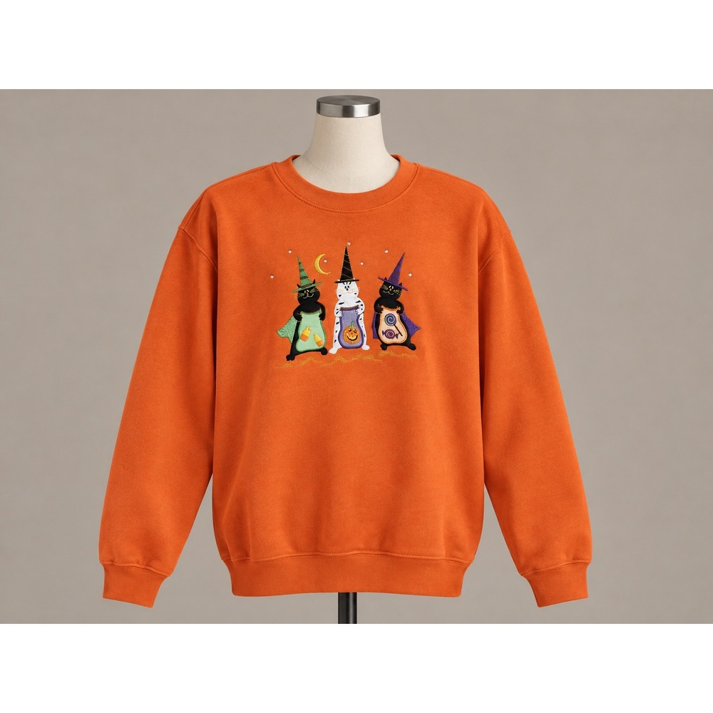 Holiday Editions Orange Embroidered Halloween Witch Cats Sweatshirt Size L